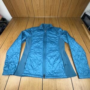 LL Bean‎ Womens Quilted Full Zip Jacket Teal Blue Rib Knit Side Panels Size S